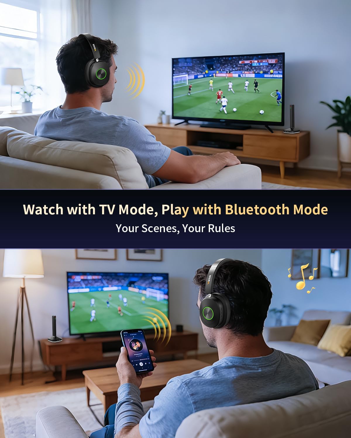 Wantek Wireless Headphones for TV Watching with Transmitter Charging Base, No Delay Bluetooth Headset for Hard of Hearing, Plug and Play - Image 8