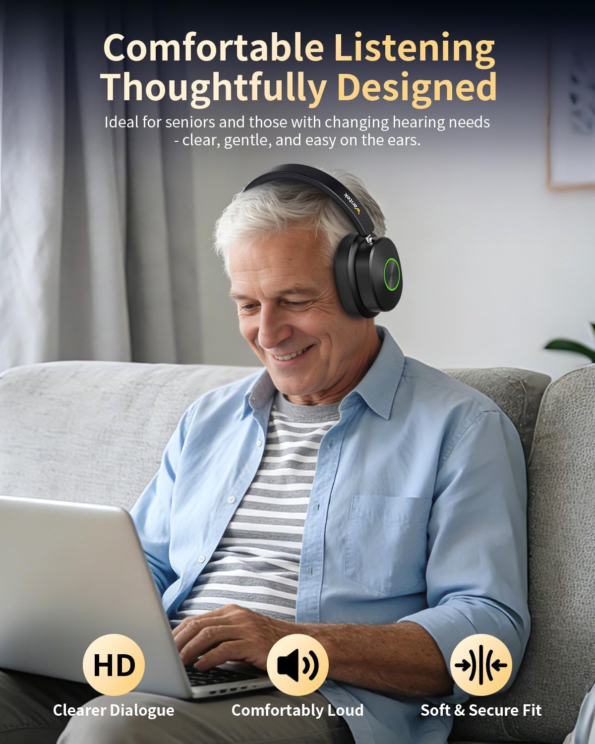 Wantek Wireless Headphones for TV Watching with Transmitter Charging Base, No Delay Bluetooth Headset for Hard of Hearing, Plug and Play - Image 4